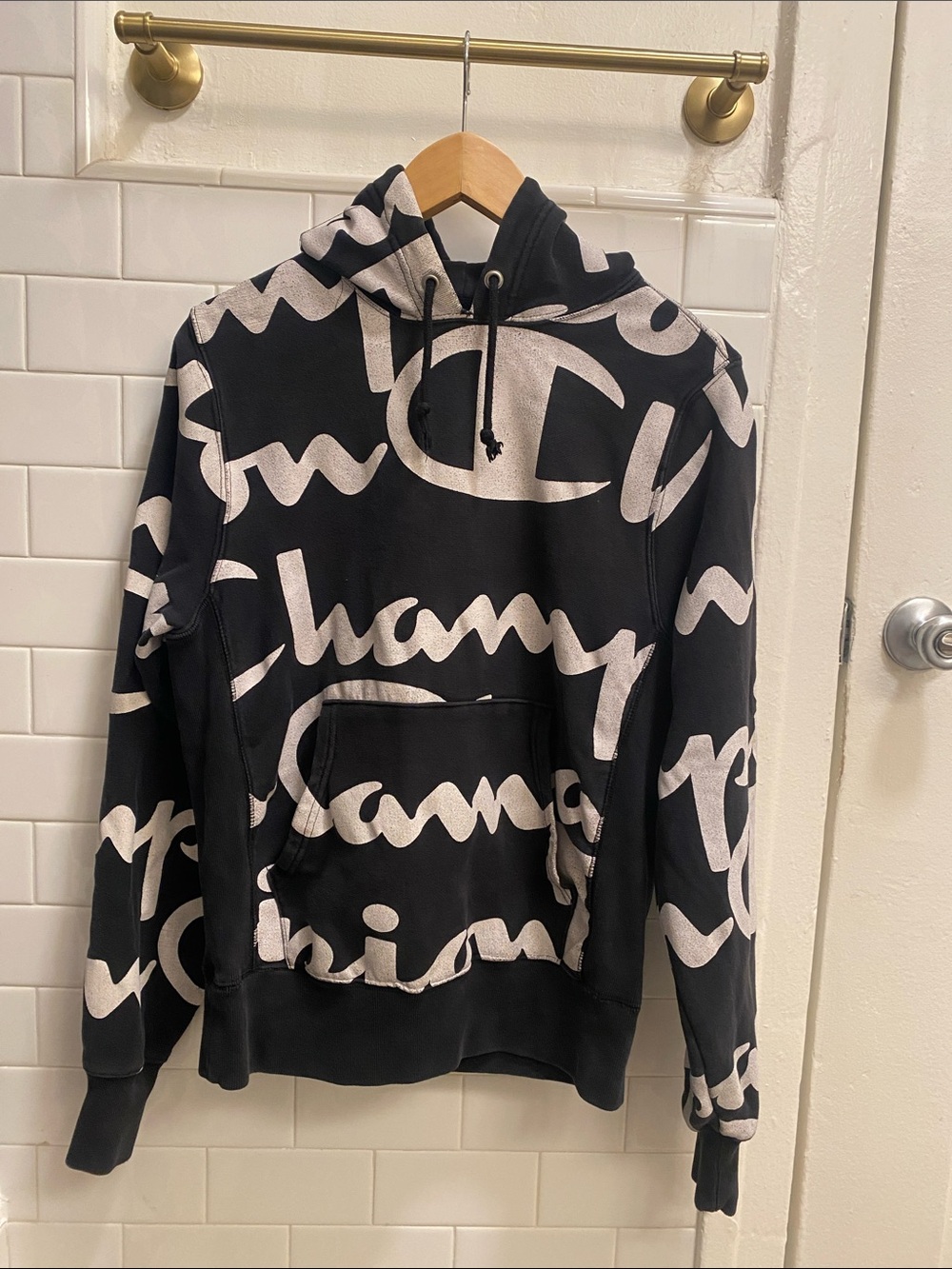 Champion Y2K All Over Print Reverse Weave Black Logo Hoodie